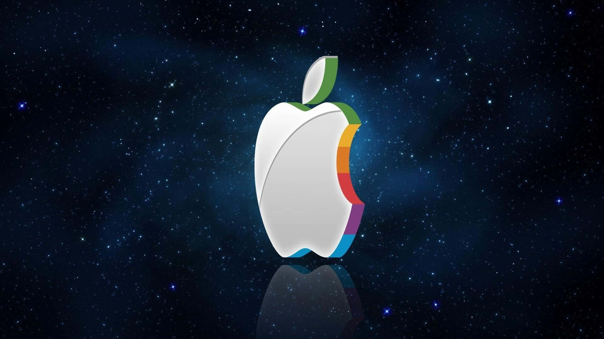 帶有彩虹咬痕的Apple標誌漂浮在星空空間中，帶有反射。