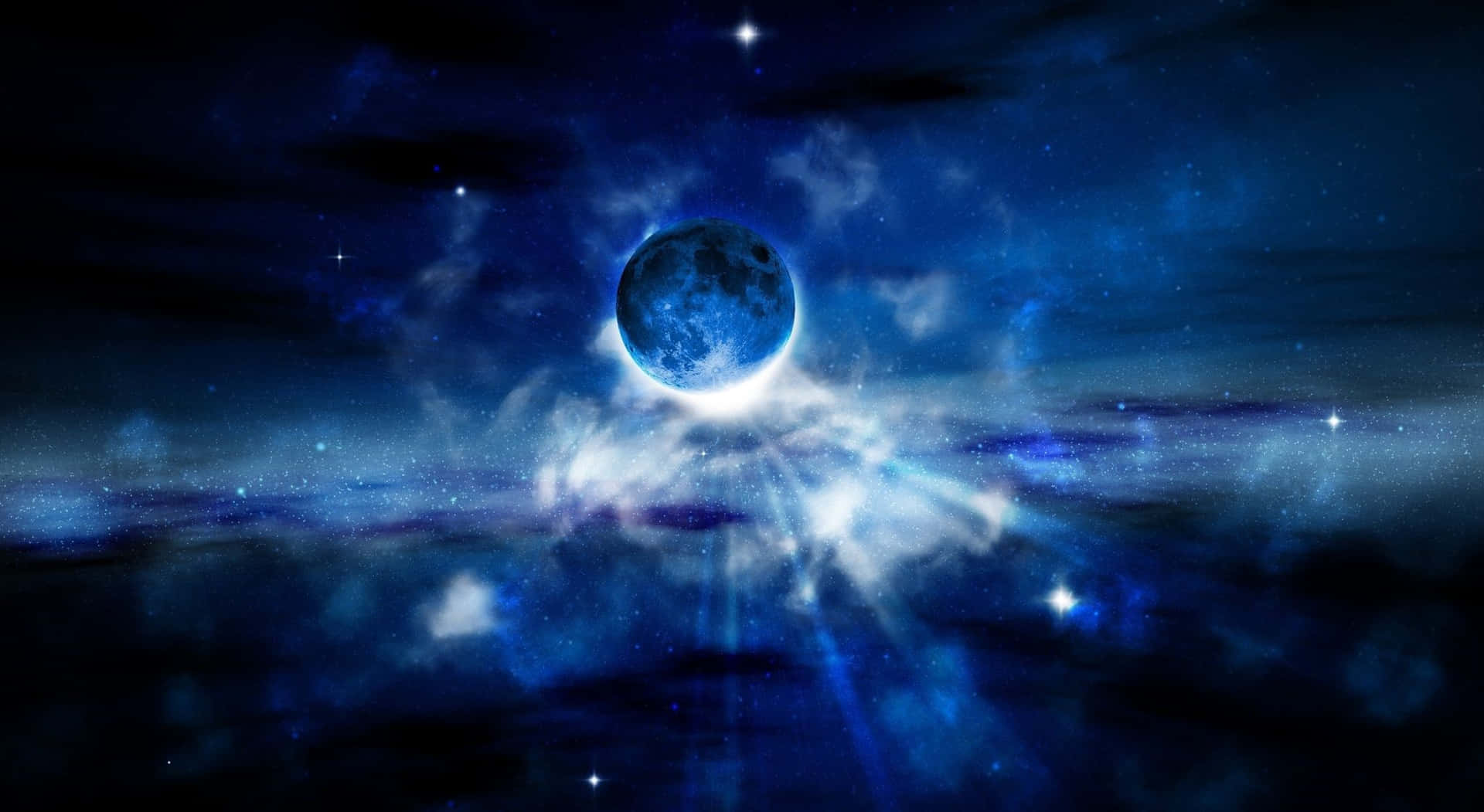 一顆藍色行星被星星和宇宙雲環繞在深邃的太空中。