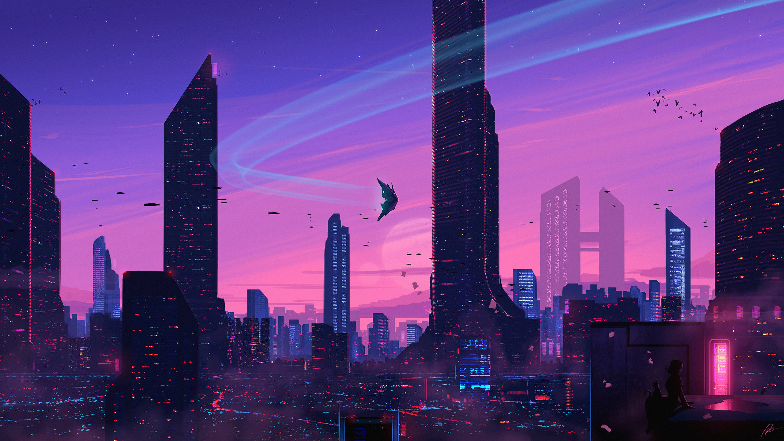 美麗桌面背景：天際線藝術 壁紙 — 黃昏時分的未來城市天際線，霓虹燈光在摩天大樓和飛行車輛之間閃爍。