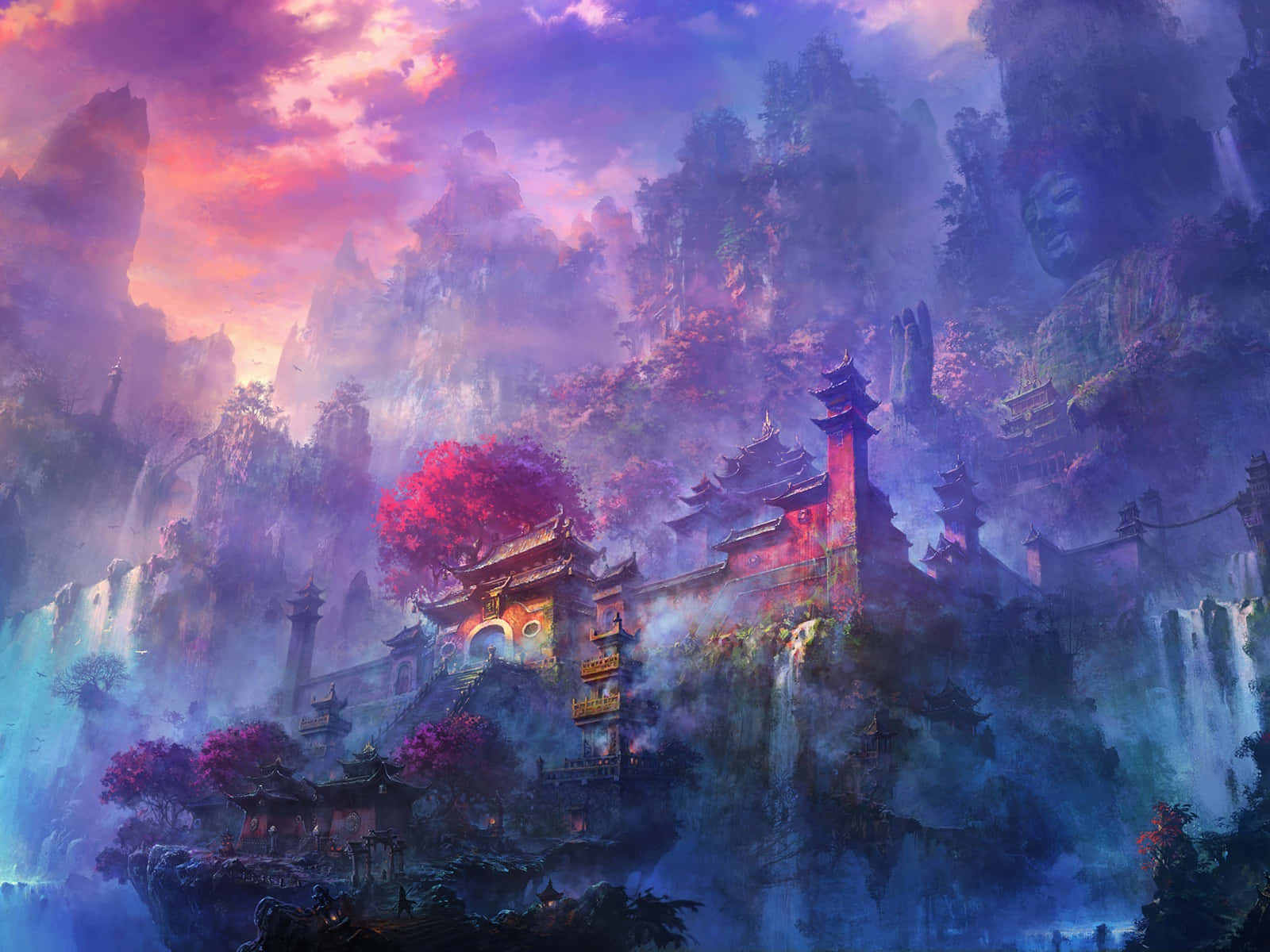 美麗水彩背景 壁紙 — 一座神秘的寺廟建築群依附在霧氣繚繞的懸崖上，天空呈現出鮮豔的紫色和粉紅色日落。