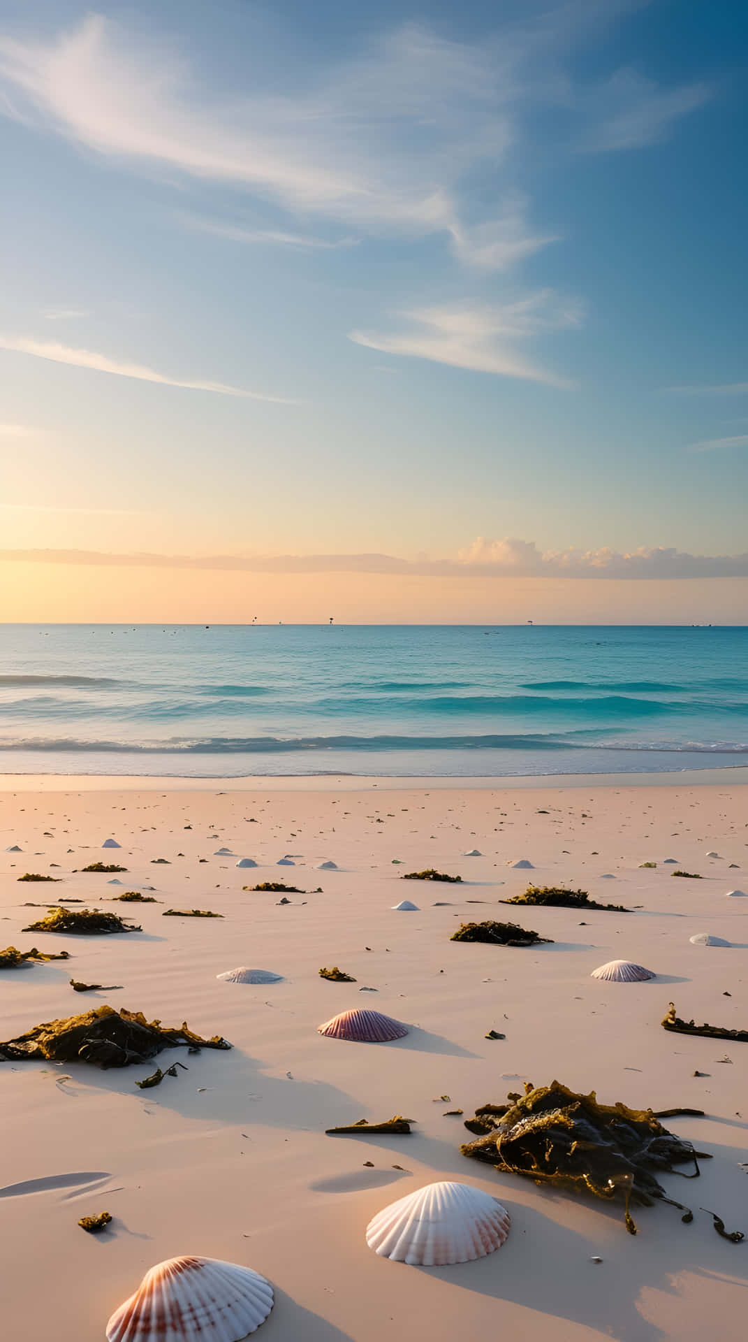 沙灘上有貝殼和海藻的海洋日落