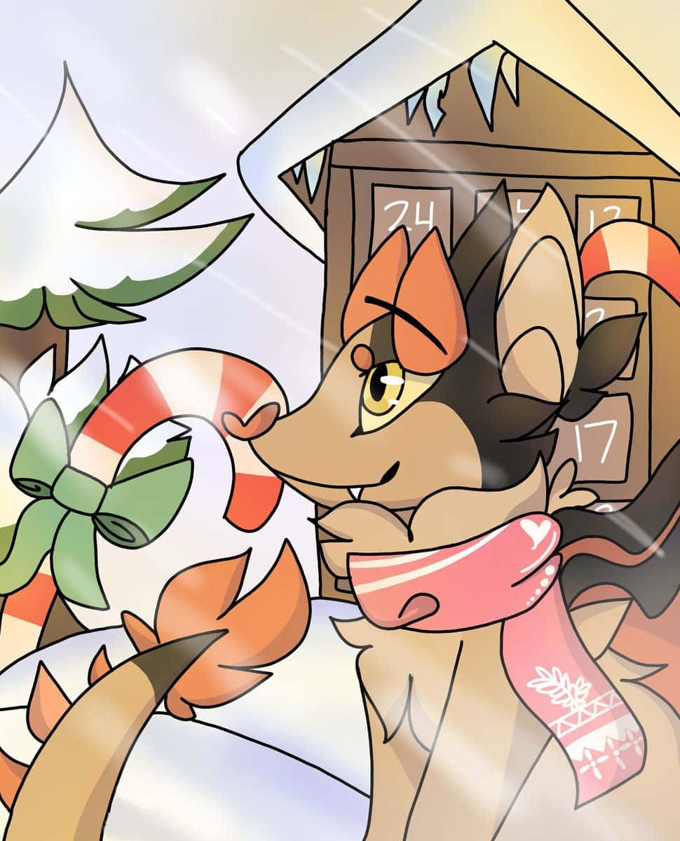 動漫狐狸戴著圍巾拿著拐杖糖靠近雪地小屋