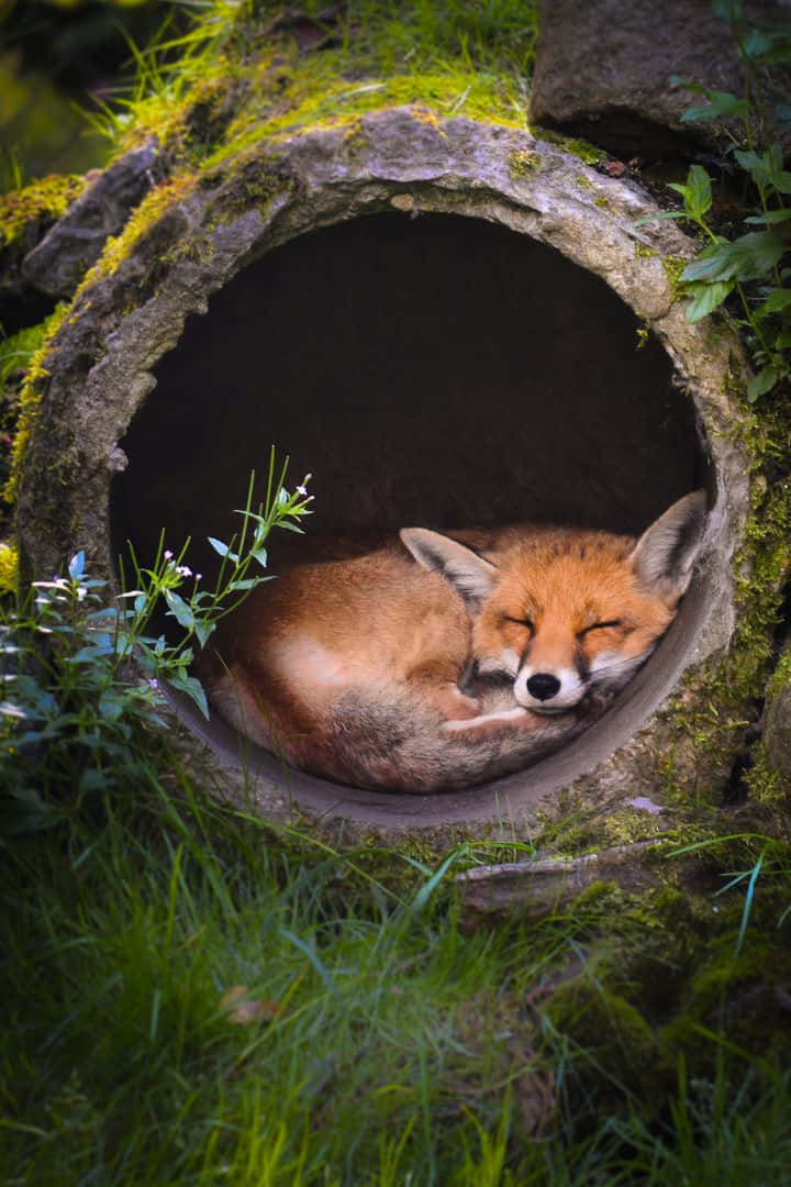 美麗狐狸動物睡覺圖 壁紙 — 一隻平靜的紅狐蜷縮在長滿苔蘚的石管內睡覺，周圍是茂密的綠草和野花。