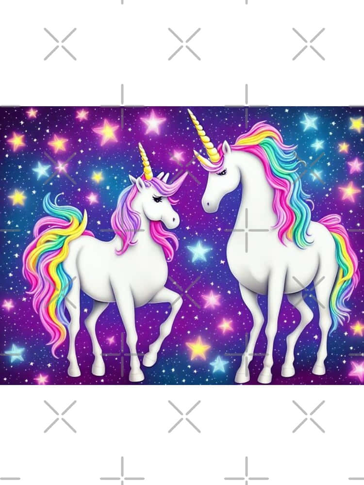 兩隻魔法獨角獸，擁有彩虹頭髮和金色角，在星空夜空中。