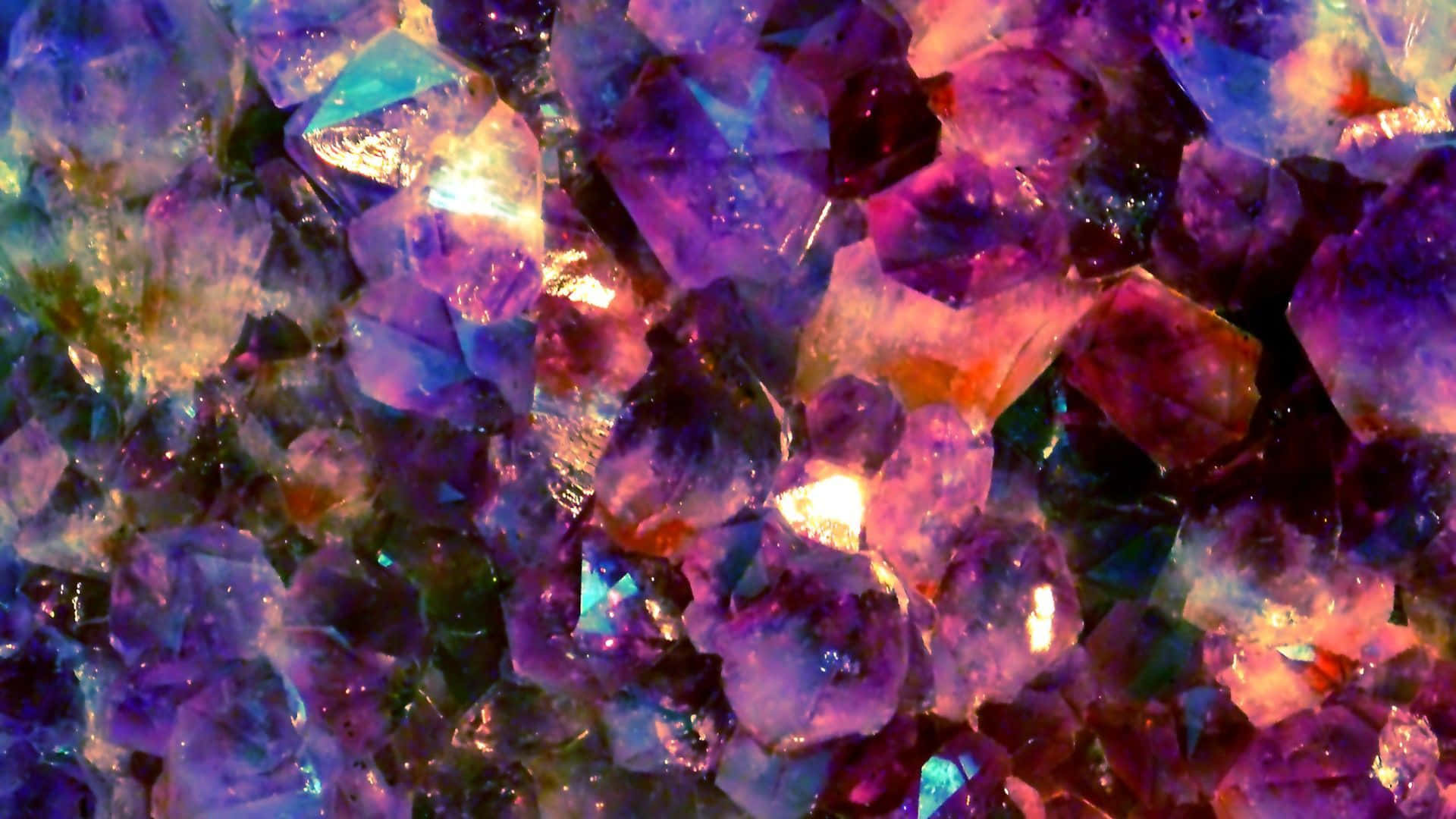 美麗療癒水晶，助你達致健康平衡 壁紙 — 紫水晶晶體的近距離特寫，在溫暖光線下閃爍著充滿活力的紫色、藍色和粉紅色調。