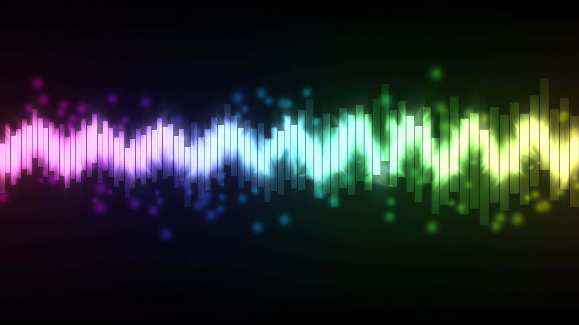 美麗發光的抽象宇宙 壁紙 — 鮮豔的彩虹音頻波形在黑暗背景上脈動，帶有發光粒子。