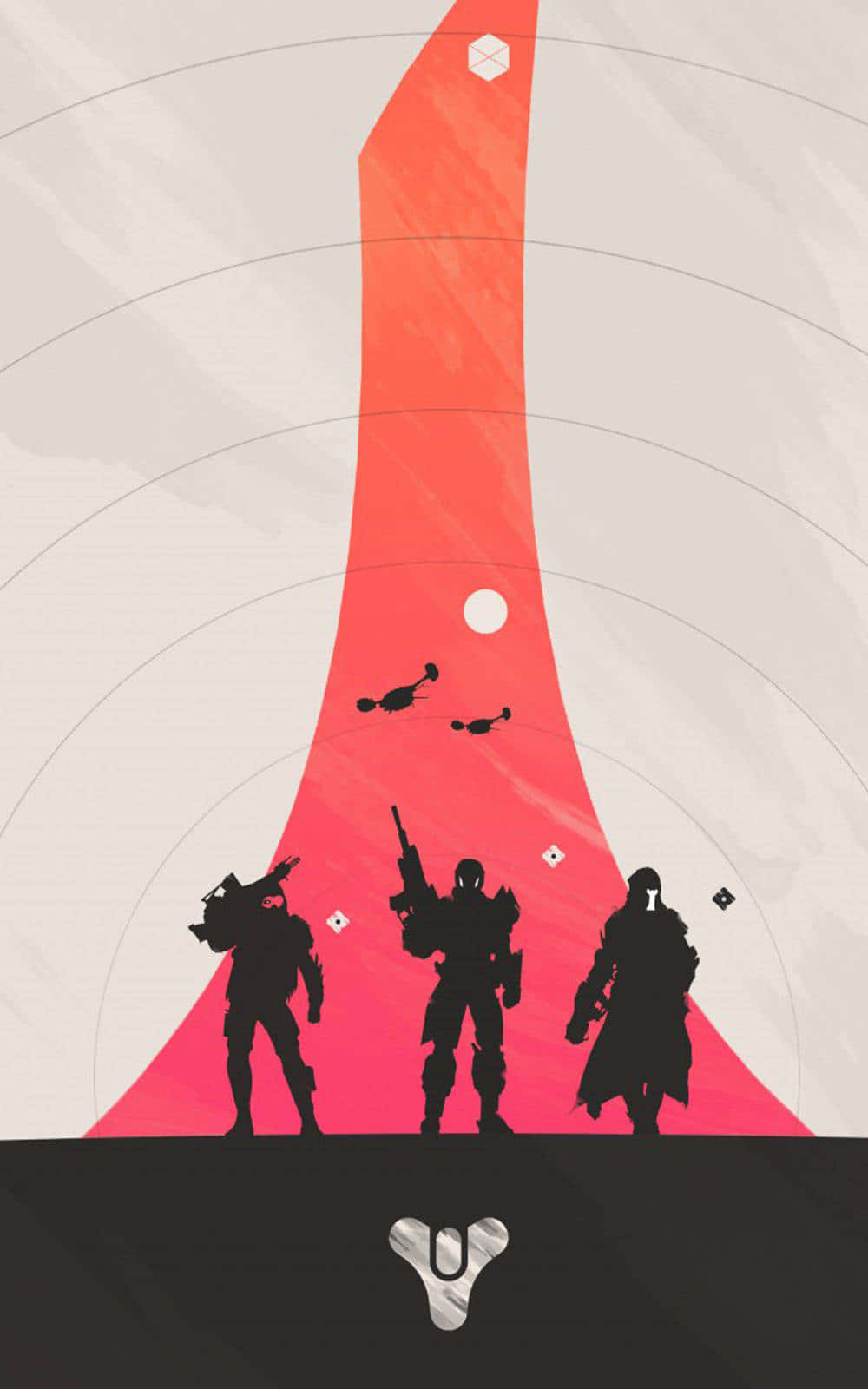 美麗的 Graphic iPhone 壁紙 — 三個剪影戰士站在一座高聳的紅色巨石前，天空簡約，有漂浮的無人機。
