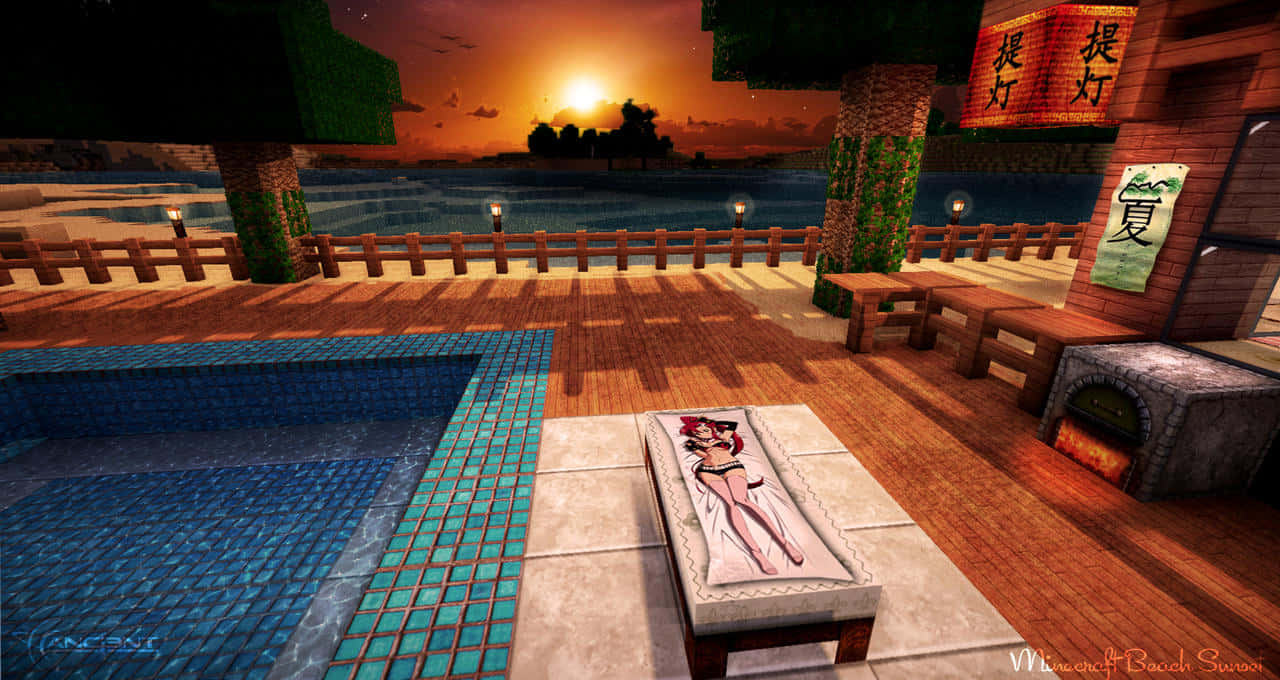 女士在Minecraft沙灘日落時於泳池旁休息