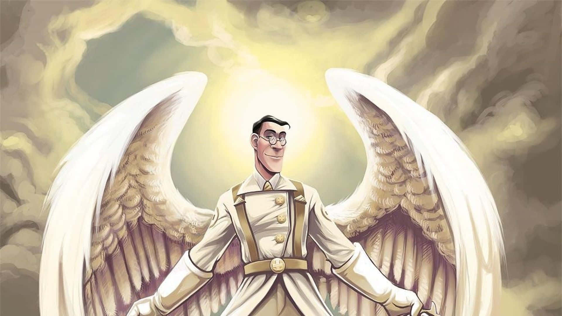 一個戴眼鏡、帶著大白色翅膀的男子在發光的雲天背景下微笑。