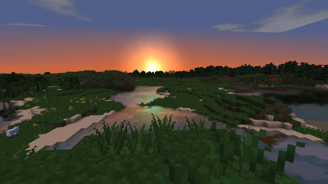 日落時分有河流嘅像素化Minecraft景觀。