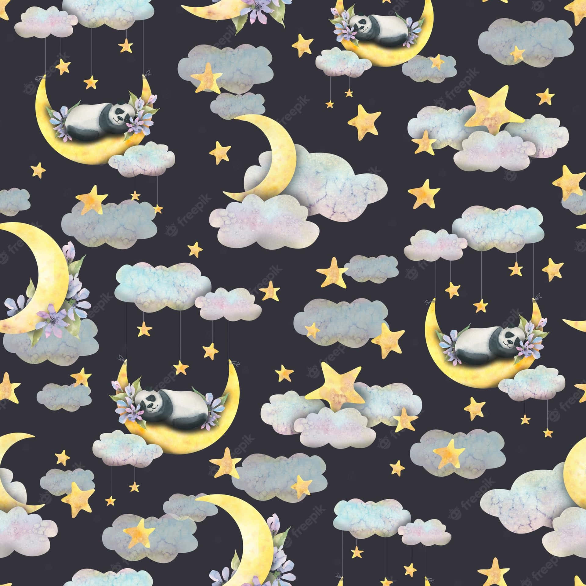 熊貓在彎月上睡覺，帶有星星和雲朵的水彩夜空圖案。