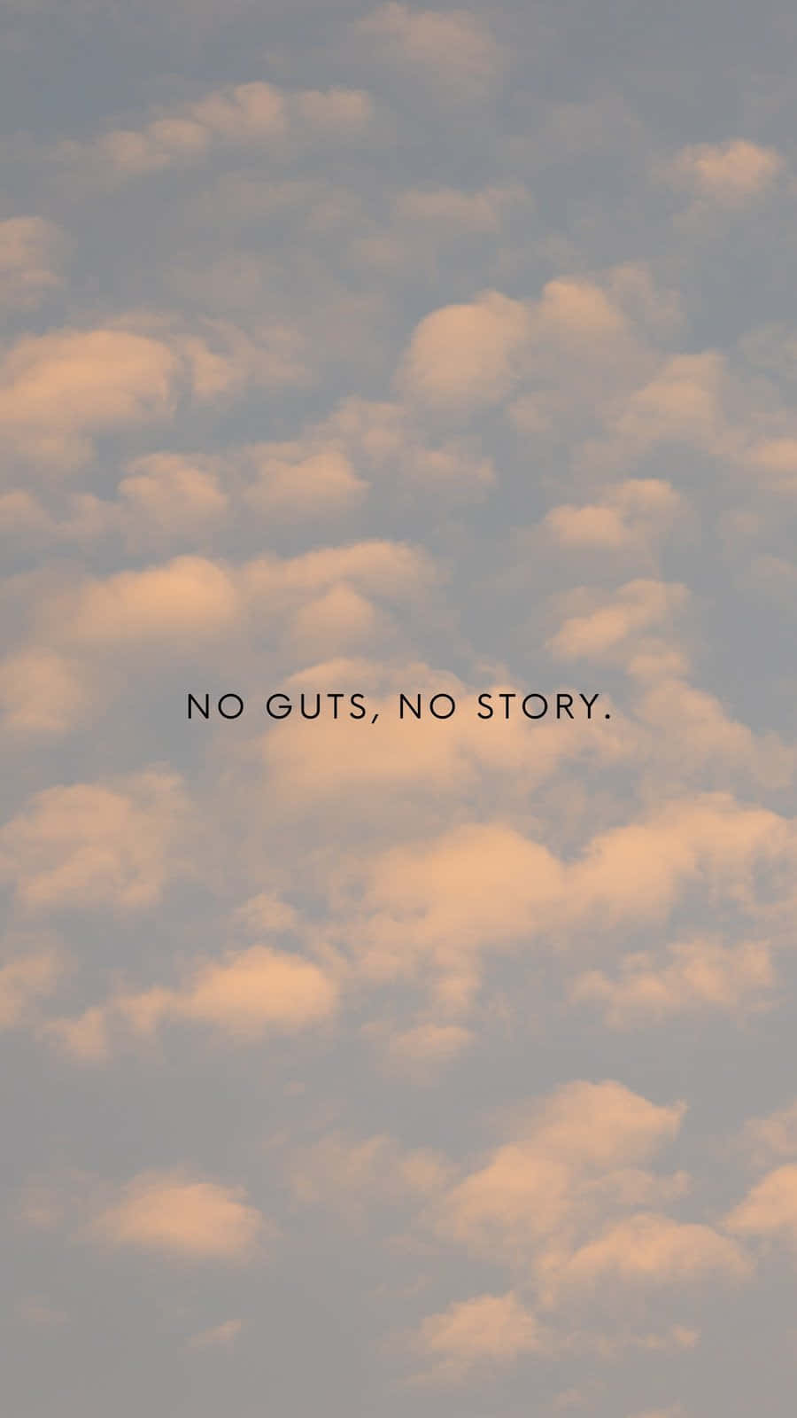 在柔和金色雲朵上的勵志名言「no guts no story」。