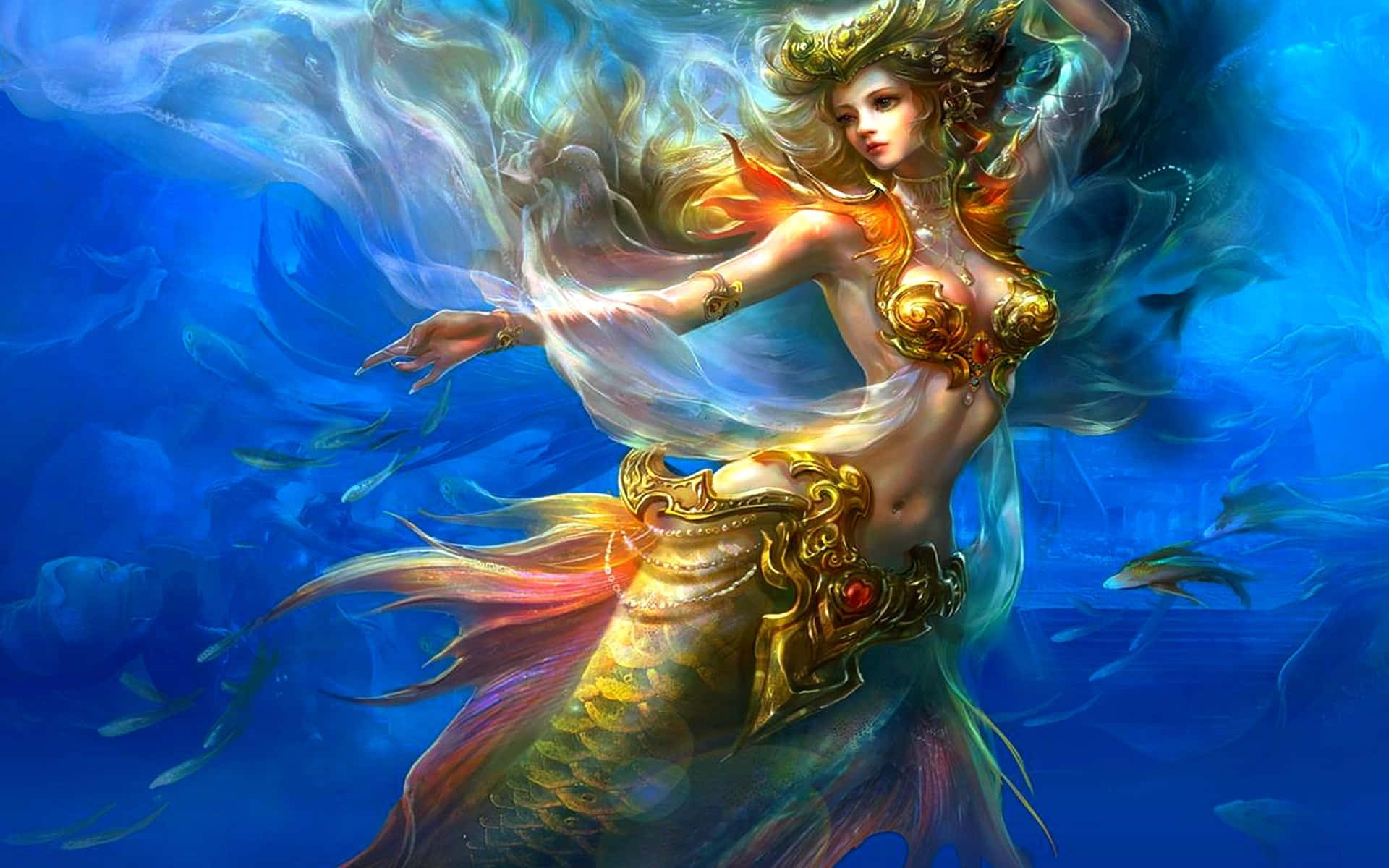 一位身穿金色盔甲的人魚在水中與魚群一起優雅地舞動。