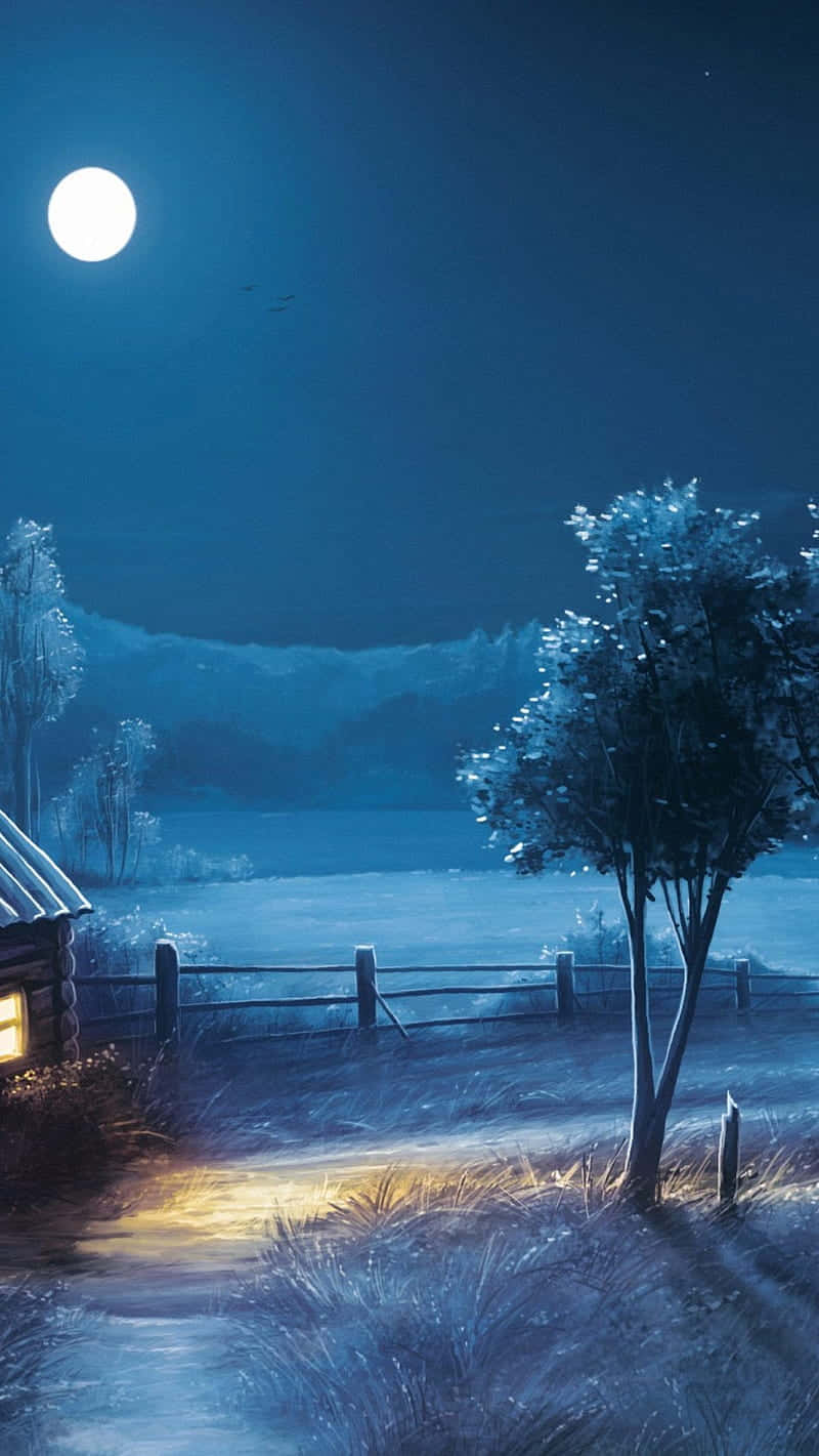 雪地中滿月下溫暖發光的舒適小屋。