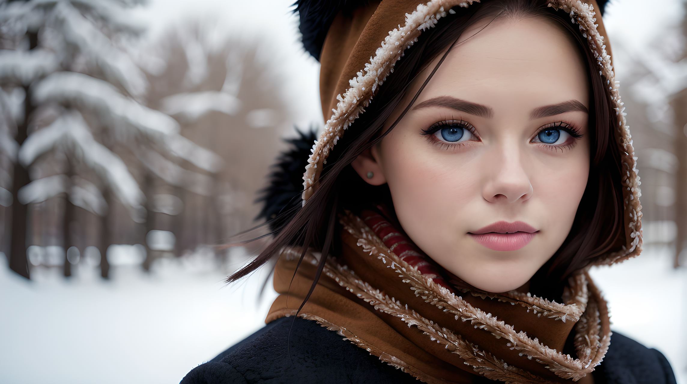 美麗的女孩 壁紙 — 一位年輕女性擁有引人注目的藍色眼睛，在雪地森林背景下戴著棕色毛皮襯裡連帽圍巾。