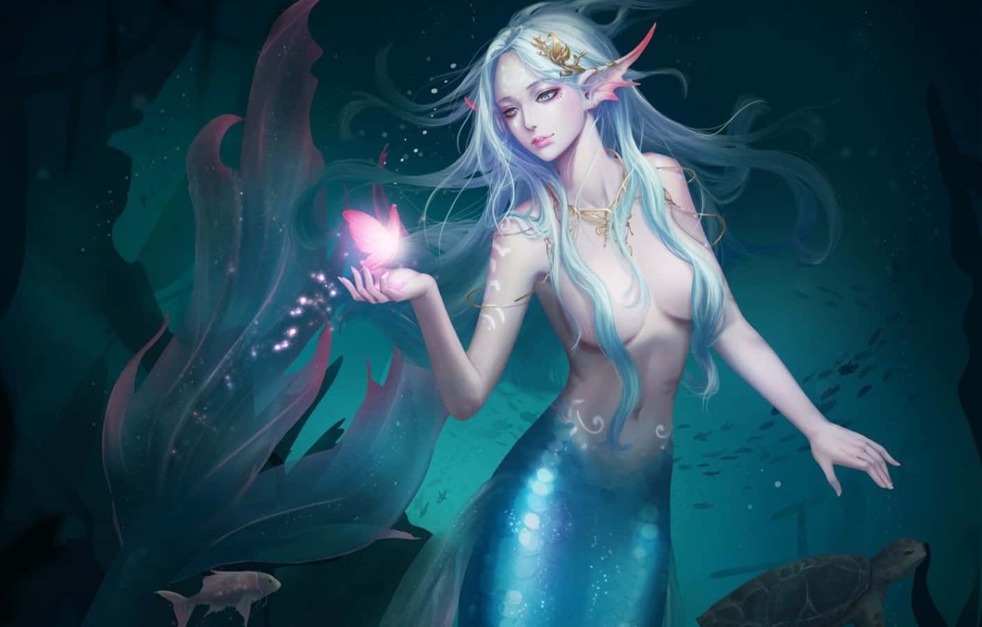 一位發光的美人魚，銀色頭髮，在珊瑚和魚群附近的水下握著一隻粉紅色蝴蝶。