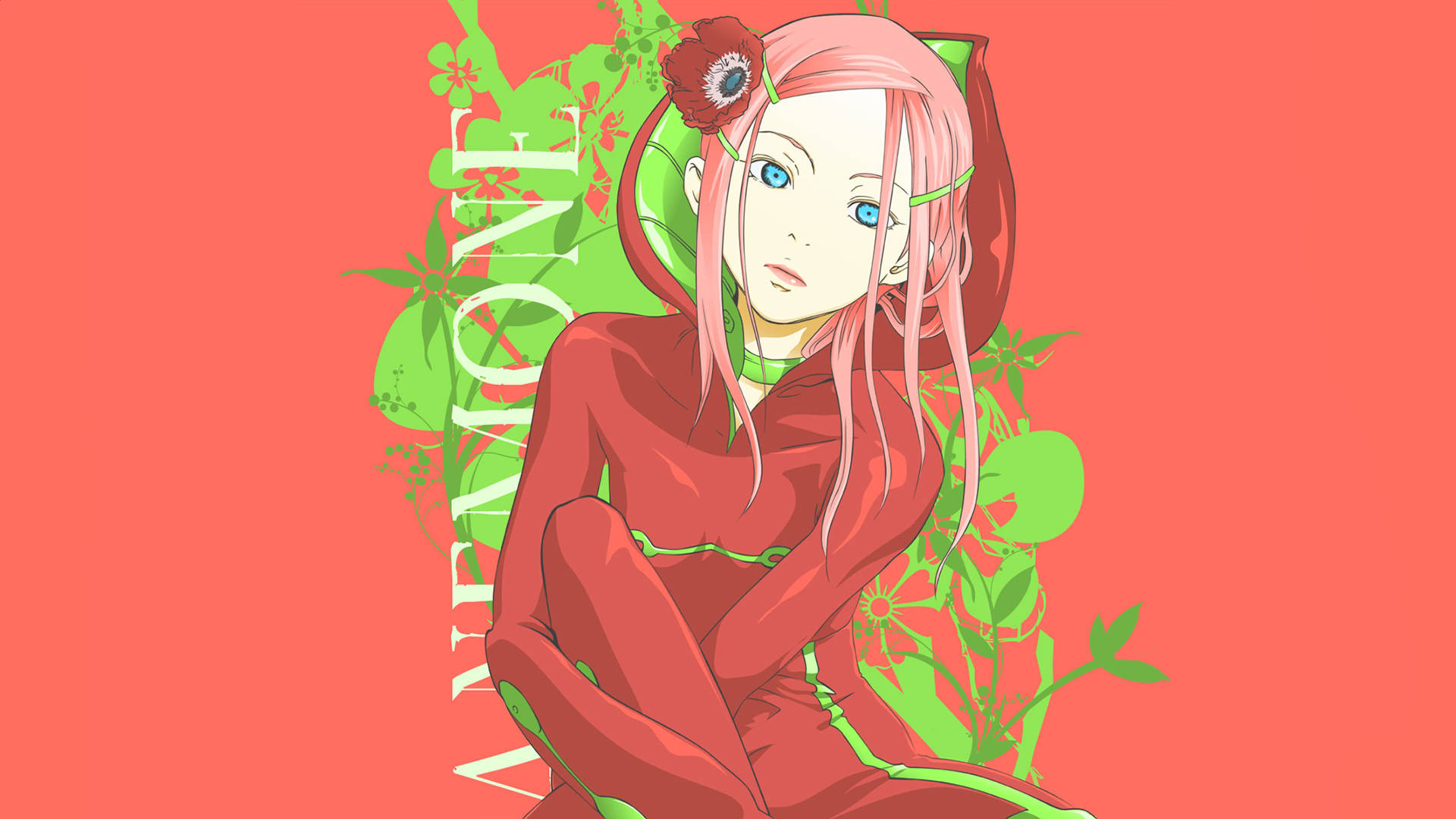 美麗的安妮莫妮 Eureka Seven 壁紙 — 一位粉紅色頭髮的動漫女孩，穿著紅色服裝，頭髮上插著一朵花，坐在充滿活力的珊瑚色背景前，周圍有綠色樹葉。