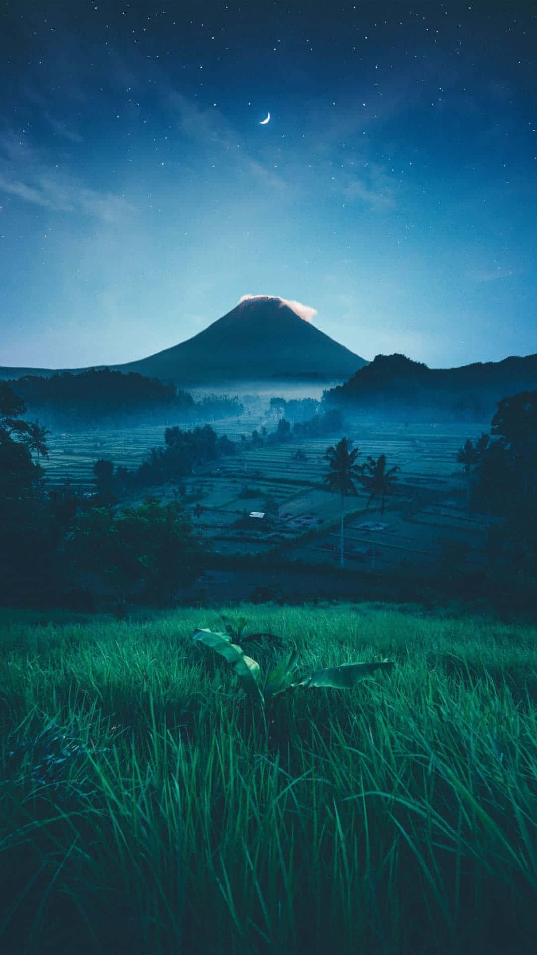 星空下，霧氣籠罩的稻田上新月懸掛的火山山脈。