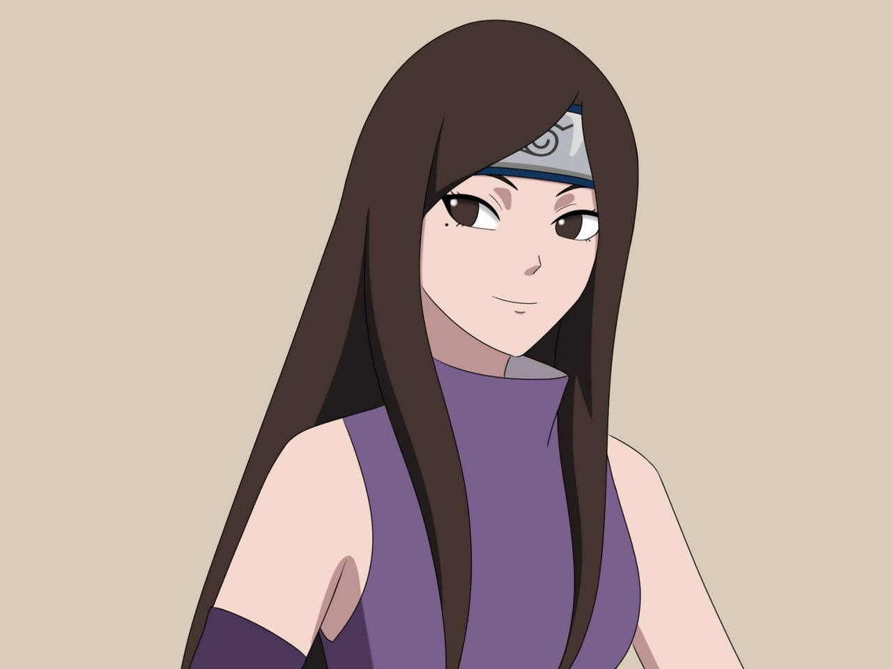 美麗的成年宇智波伊茲緬 壁紙 — 動漫女孩，長長嘅棕色頭髮，紫色上衣，戴住頭帶，背景係米色。
