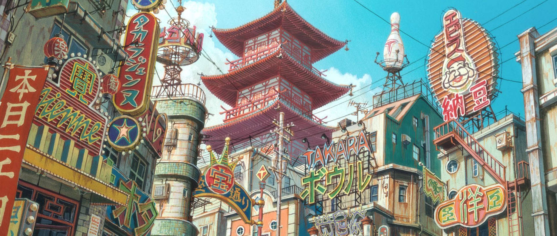 美麗的日式動漫城市 壁紙 — 充滿活力的動漫風格街景，色彩繽紛的霓虹燈招牌和一座紅色寶塔在晴朗的藍天下聳立於密集的城市建築之上。
