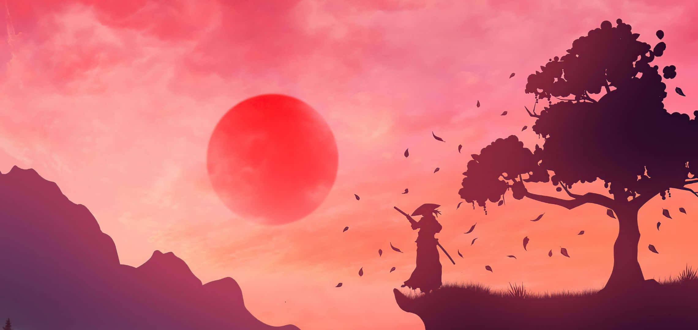 武士站在懸崖上，看著樹葉在火紅的夕陽中飄落。