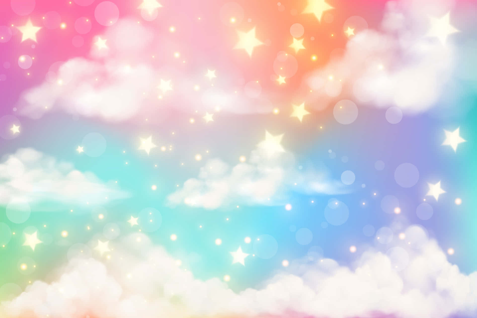 粉彩天空，星星同雲朵柔和閃爍，呈現彩虹色。