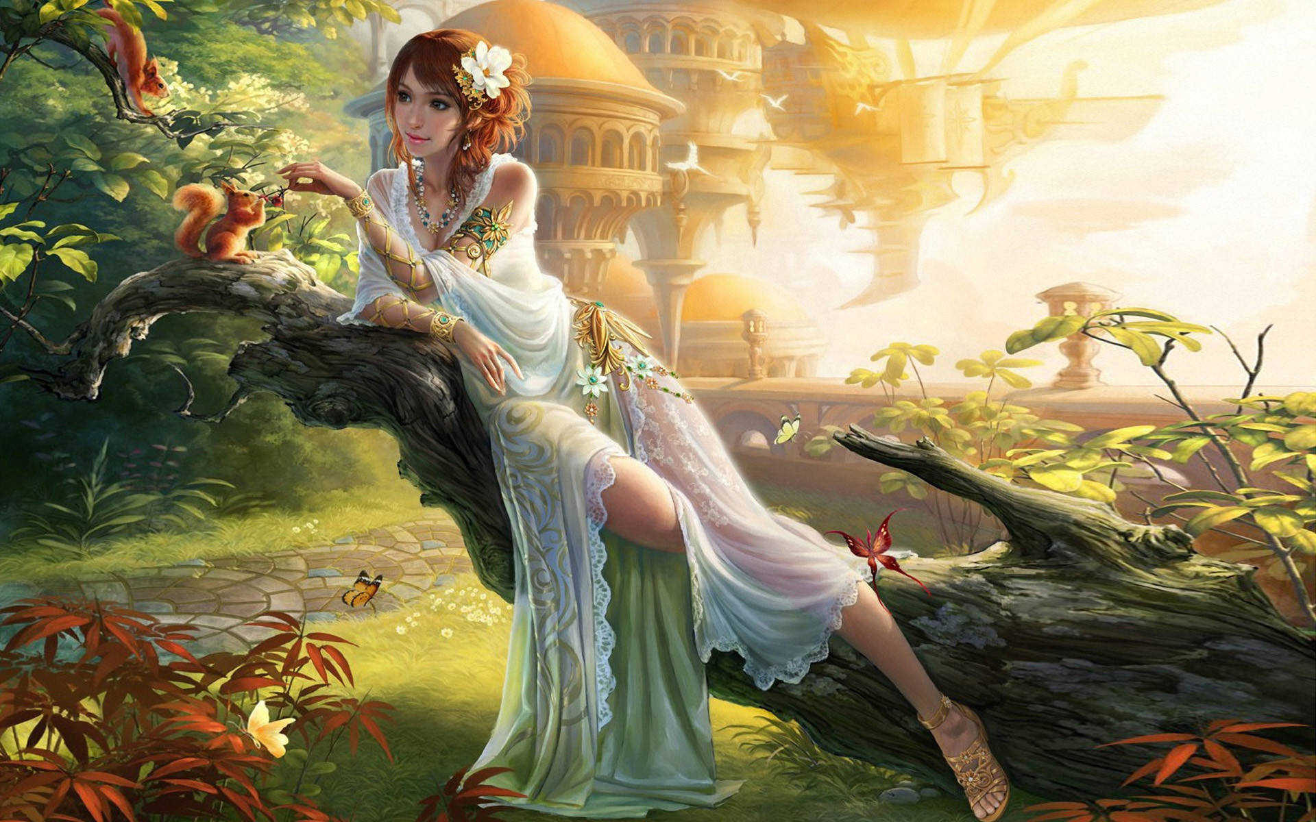 美麗的森林公主桌面壁紙 壁紙 — 一位優雅的白裙女子倚在長滿青苔的樹枝上，輕撫一隻紅松鼠，身處陽光普照的奇幻花園，周圍有漂浮的圓頂建築。