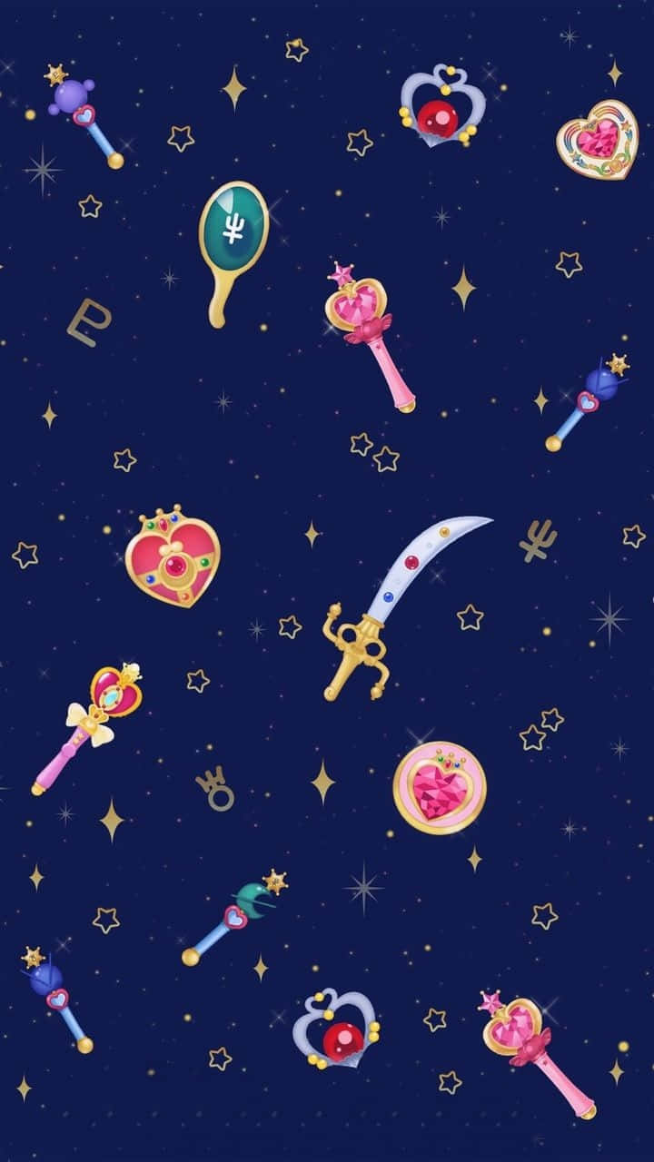 星空夜空中充滿漂浮的動漫魔法魔杖和心形物品。