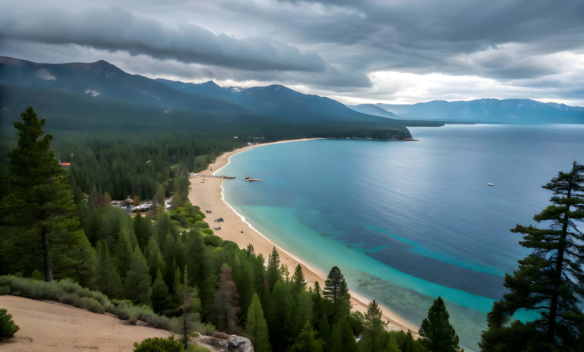 在多雲天空下，一個碧綠色的湖泊、沙灘和松林被山脈環繞的風景優美的觀景點。