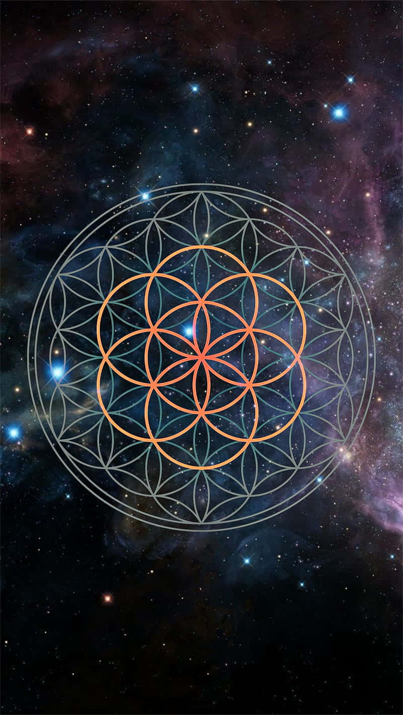 生命之花符號在星空星雲背景下在太空中發光。