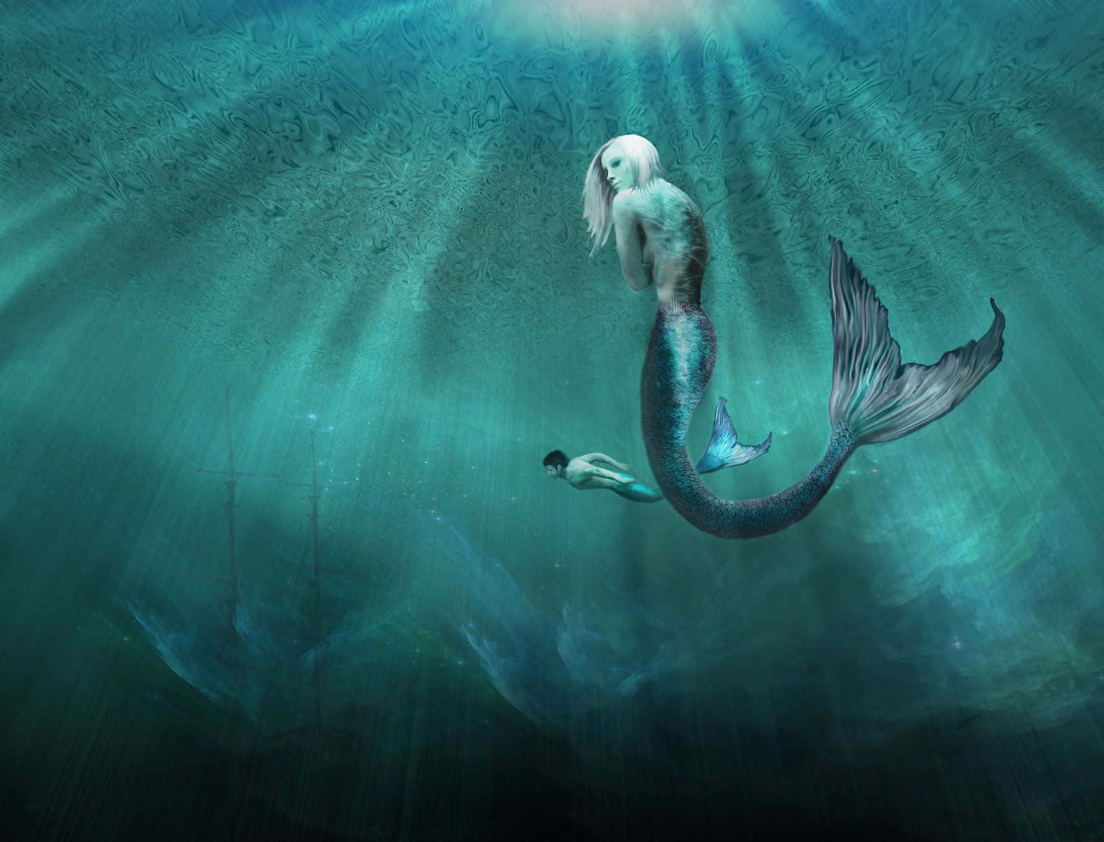 美人魚和潛水員在水下探索沉船。