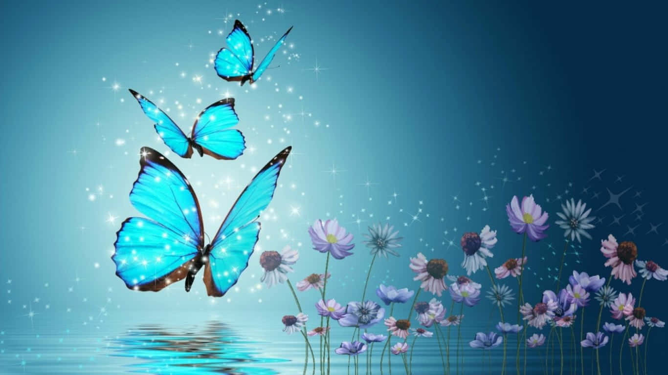 藍色蝴蝶伴隨著閃爍的魔法光芒，在水邊的紫色花朵上方盤旋。