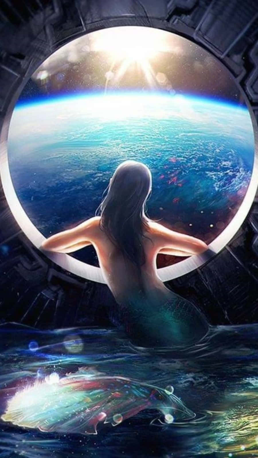 太空船泳池中的美人魚望向一顆帶有明亮太陽的藍色行星。
