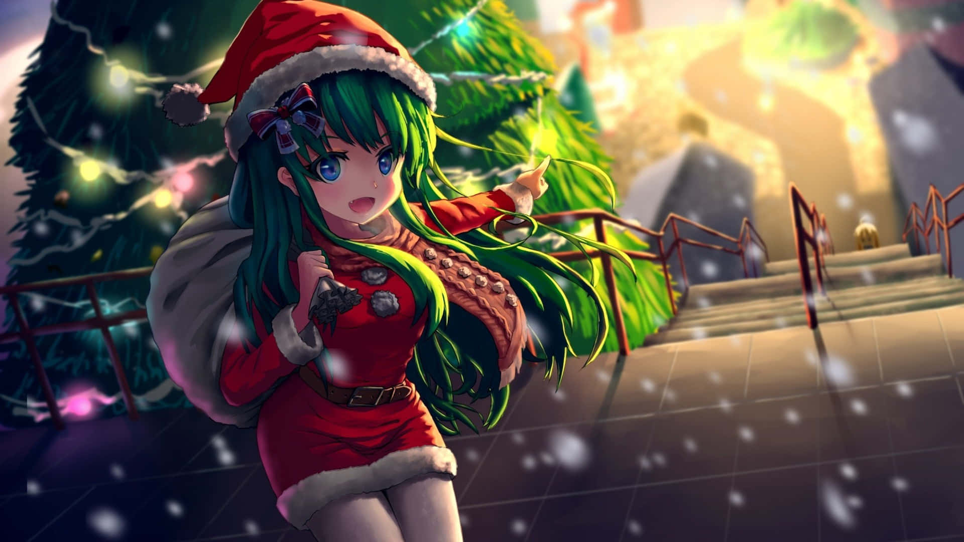 動漫女仔著聖誕老人衫揹住袋企喺有雪嘅樓梯近聖誕樹