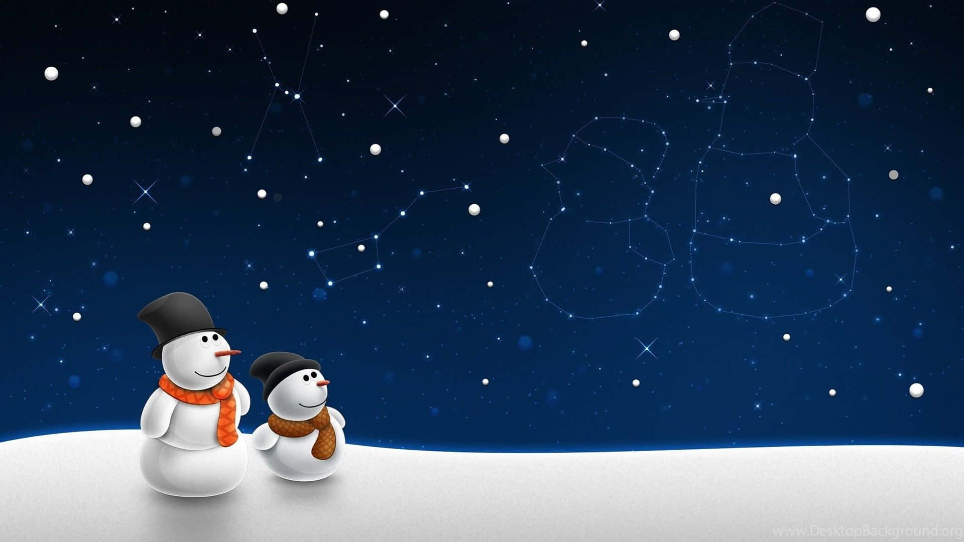 兩個戴著圍巾的雪人仰望星空中的雪人星座。