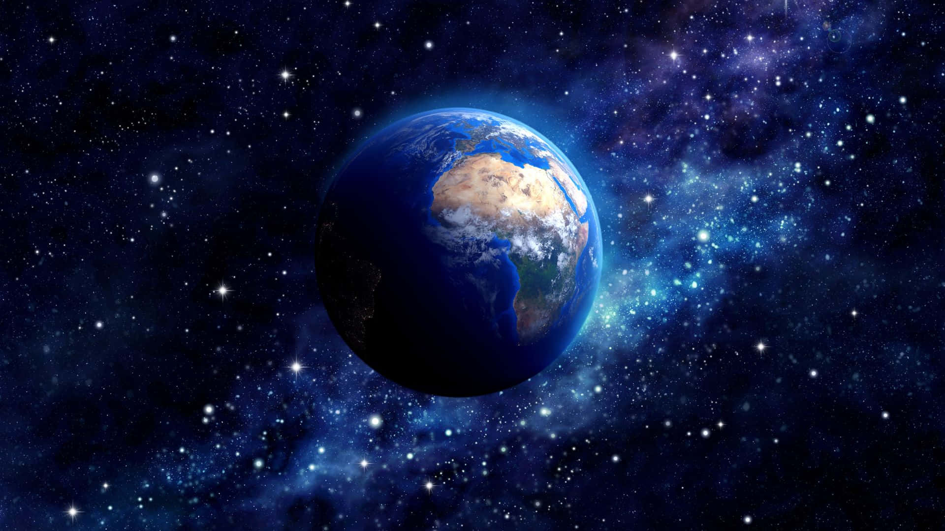 從太空看到的地球，被星星和發光的星雲環繞。