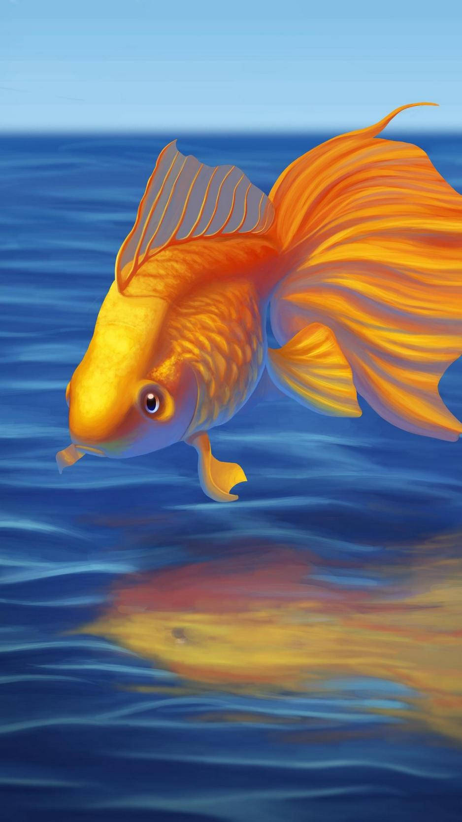 美麗的金魚藝術 壁紙 — 一條充滿活力的橙色金魚在深藍色水中優雅地游動，其倒影在下方閃爍。