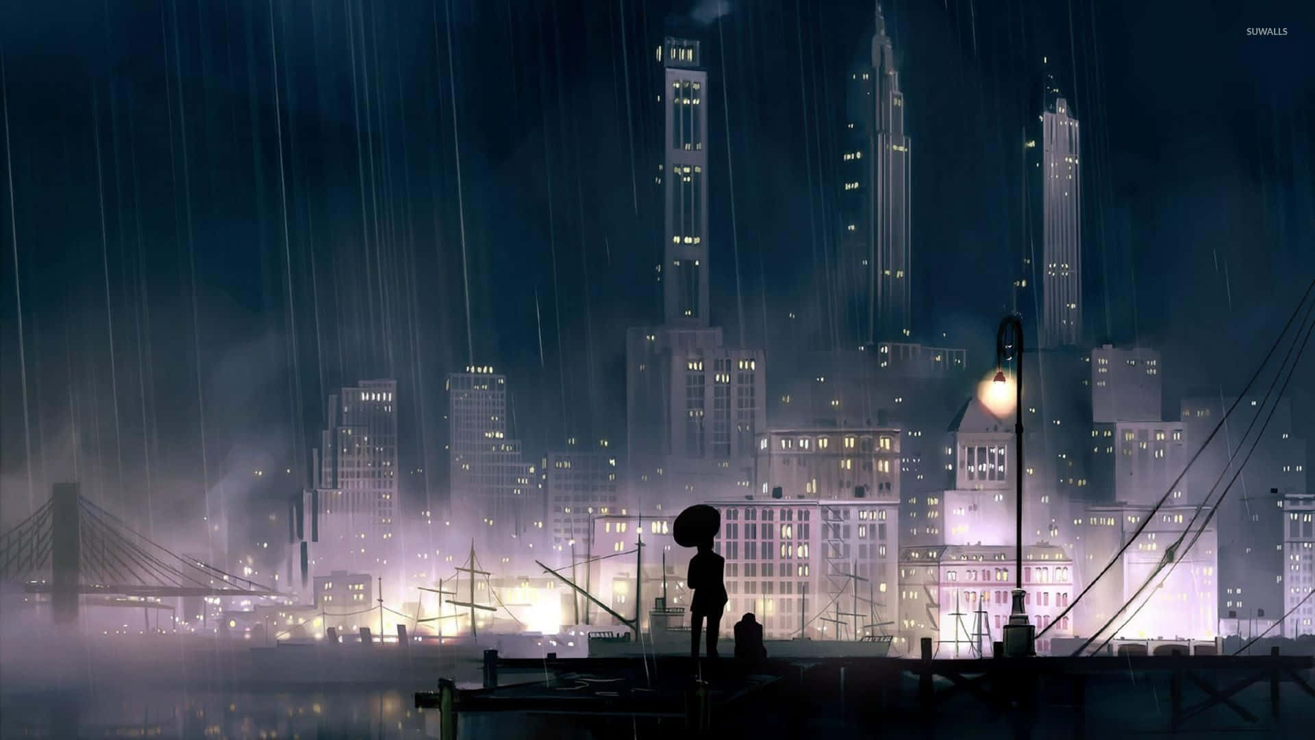 夜晚雨中城市碼頭上撐傘的人的剪影