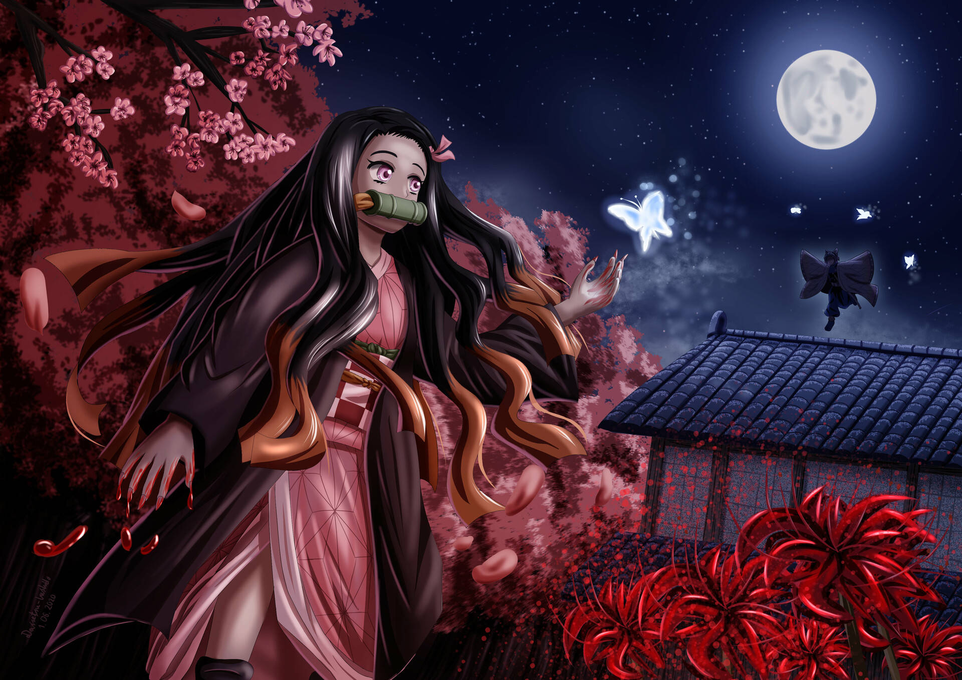 美麗的鬼滅之刃 祢豆子 4K 圖像 壁紙 — 一位年輕的動漫女孩，長長的黑髮，嘴裡塞著竹製口塞，站在滿月下，周圍是飄落的櫻花和紅色的彼岸花。