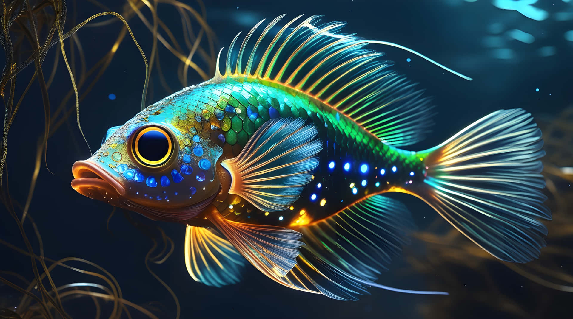 一條發光的藍色和金色魚，帶有閃爍的斑點，在黑暗的海藻之間水下游泳。