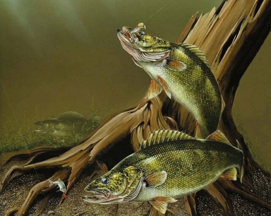 美麗的鱒魚在清澈淡水悠遊 壁紙 — 兩條細節豐富的魚在渾濁的水中靠近沉沒的木頭跳躍，其中一條咬住了誘餌。