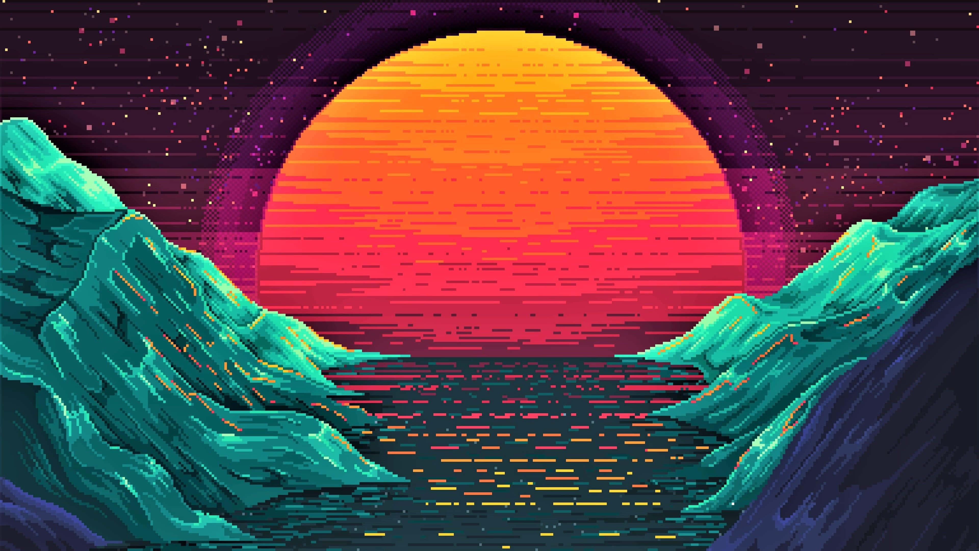 美麗的黃昏天空，搭配如畫的復古夕陽 壁紙 — 像素藝術日落，發光的橙色太陽，青綠色的山脈，黑暗的水面，星空紫色天空。