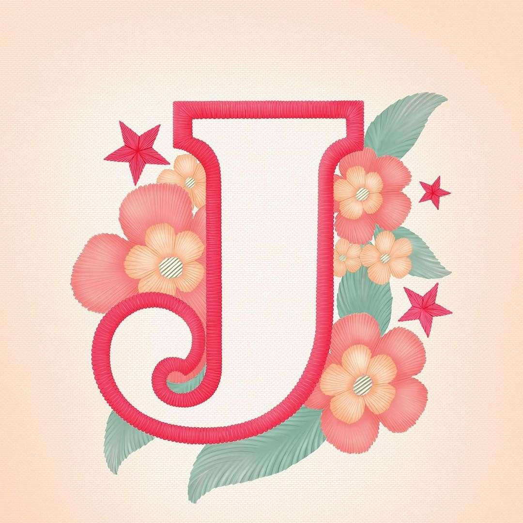 裝飾性字母J，帶有柔和粉彩色的花朵、葉子和星星。