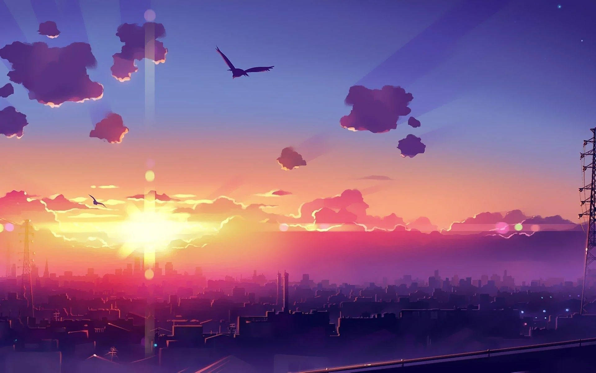 美麗粉紅色夕陽天空 壁紙 — 一個充滿活力的日落，城市天際線上有紫色、粉紅色和橙色的天空，鳥兒飛翔，燦爛的陽光穿透雲層。