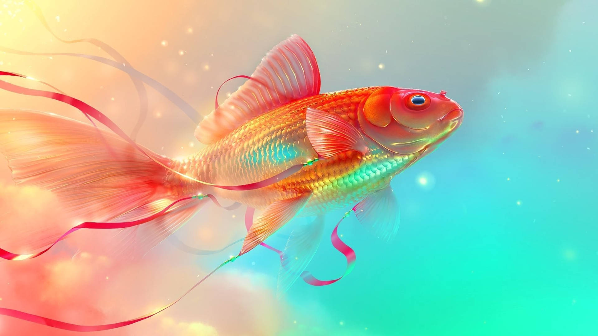一條發光的金魚，有著絲帶般的魚鰭，在飄浮著閃爍火花的粉彩天空中滑翔。