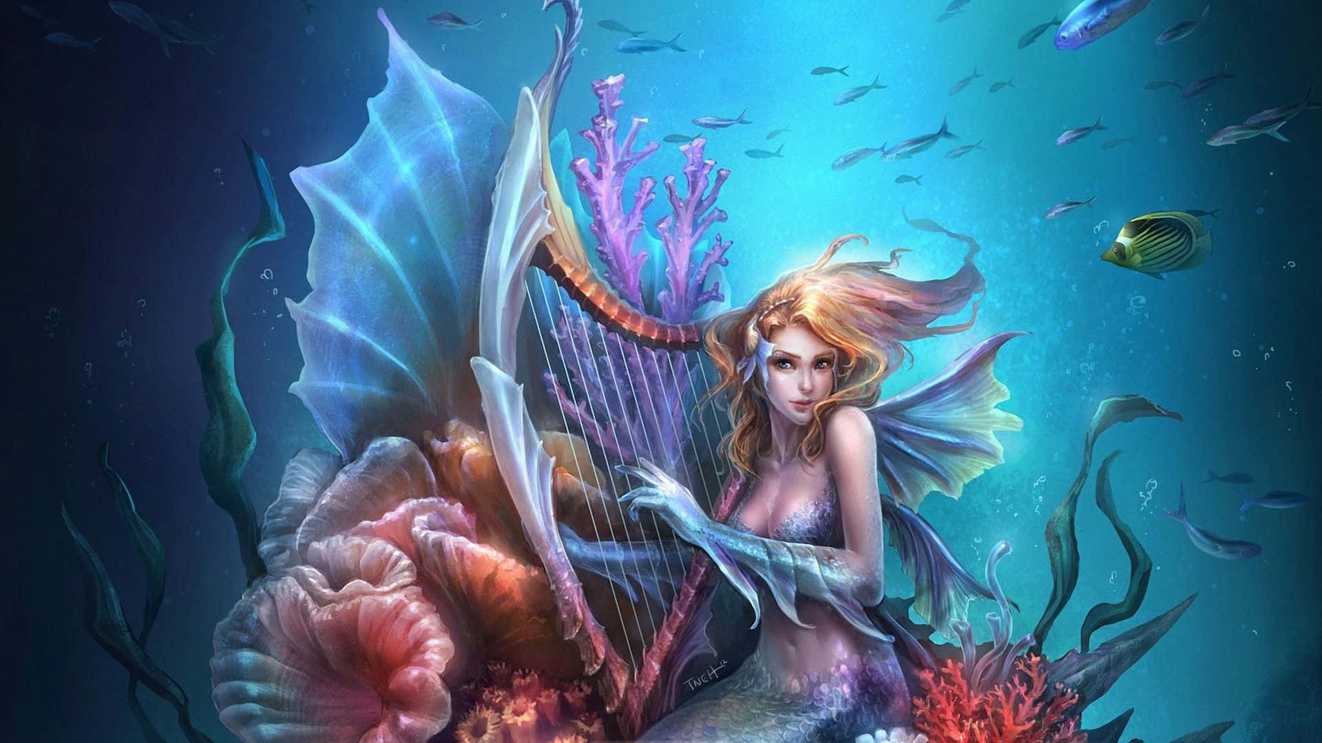 美人魚在珊瑚和魚群環繞下在水底彈奏豎琴