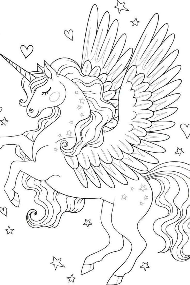 一隻有翼獨角獸，周圍漂浮著星星和心形，以黑白線條藝術呈現。 — 獨角獸 壁紙