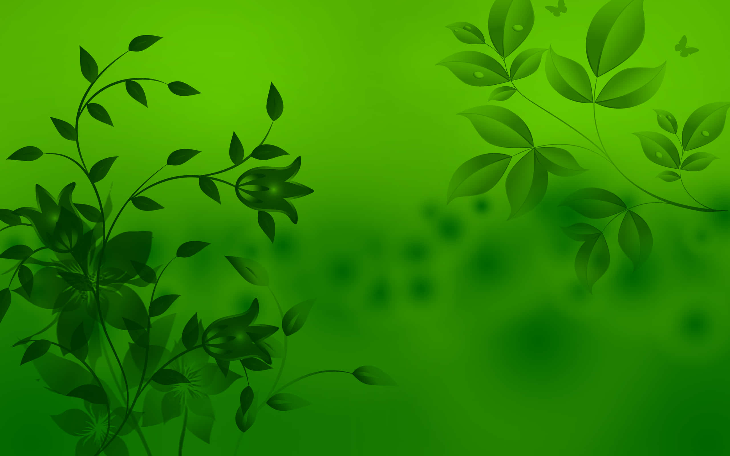 美麗自然的綠色背景 壁紙 — 充滿活力的綠色漸變背景，飾以優雅的深綠色葉藤和微妙的蝴蝶剪影。