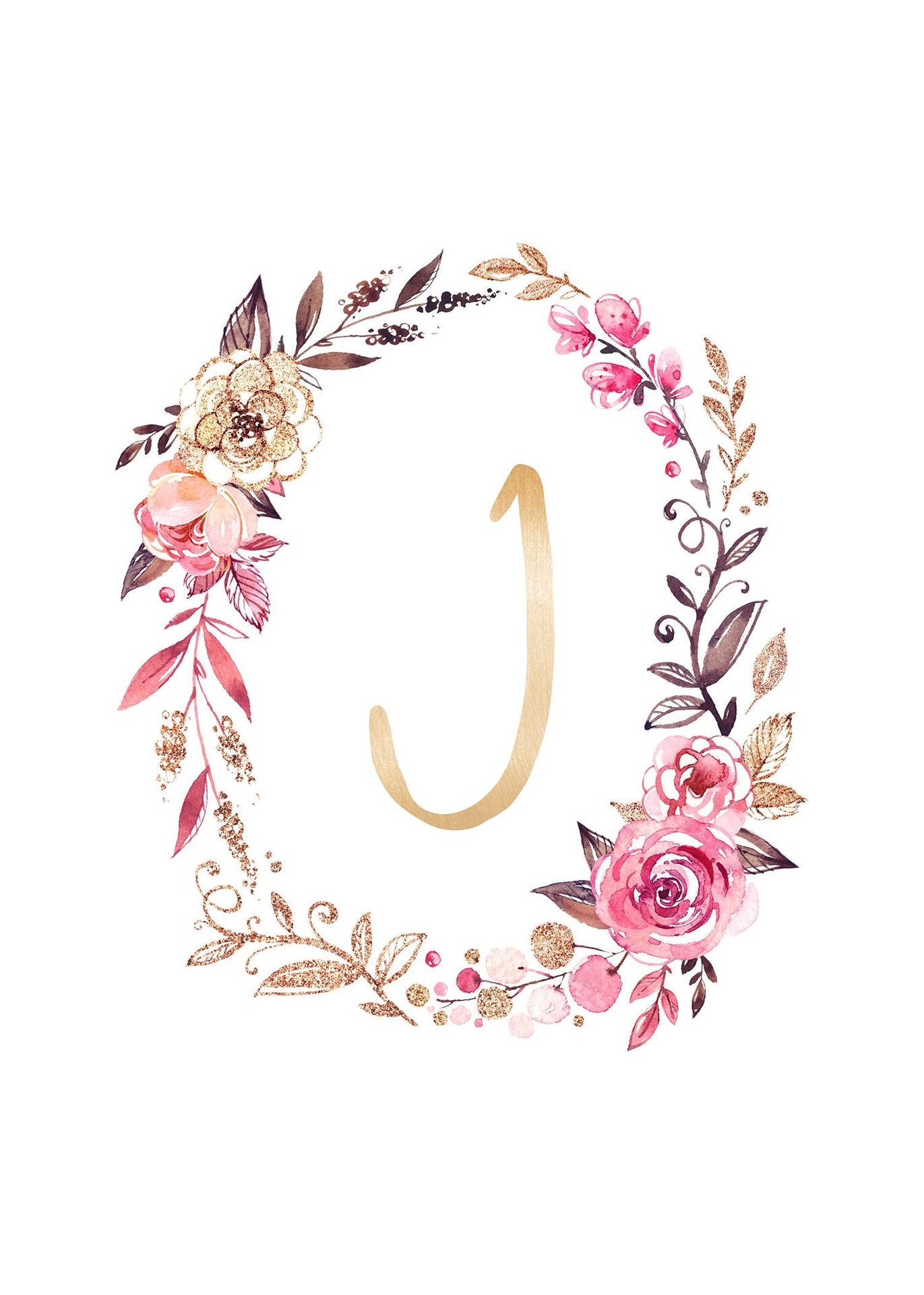 粉紅與金色的花環框住一個金色字母J。