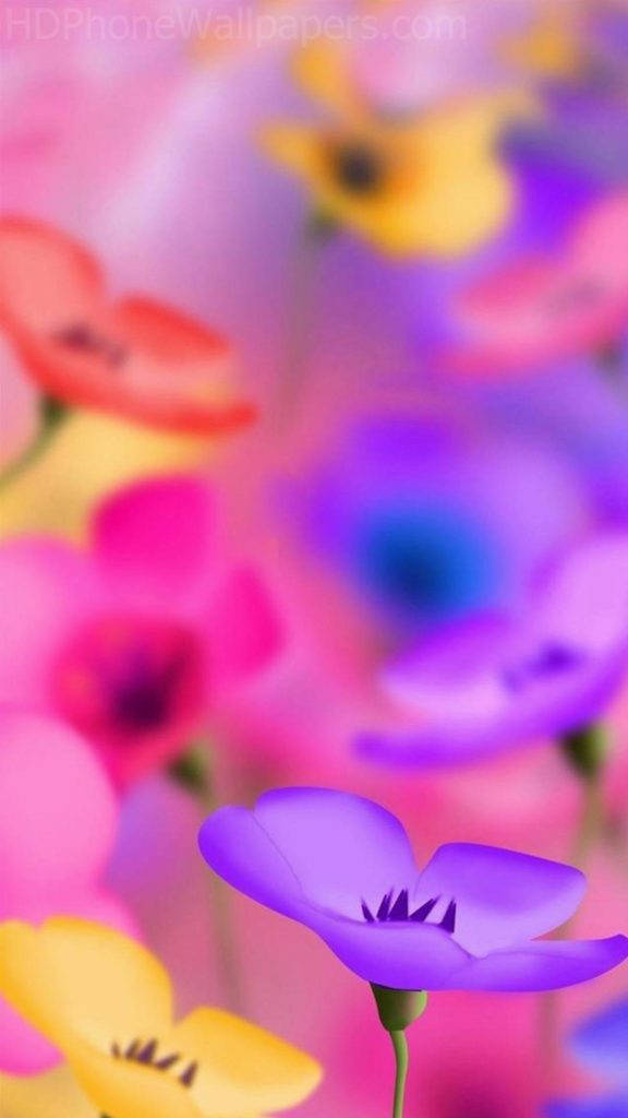 美麗花朵安卓手機壁紙 壁紙 — 一片充滿活力的彩色花田，前景有一朵清晰的紫色花朵，背景柔和模糊。